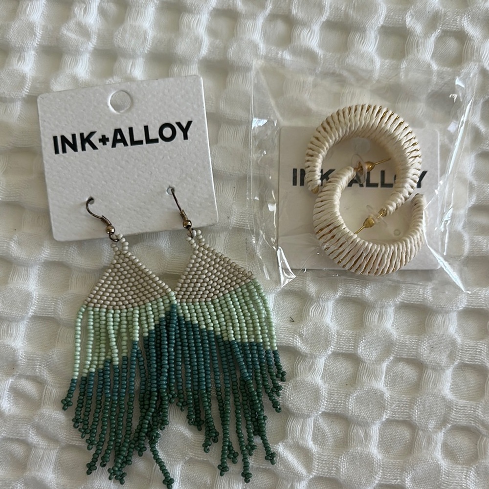 INK + ALLOY Green and Cream Beaded Fringe Earrings an Loop earrings Set/2